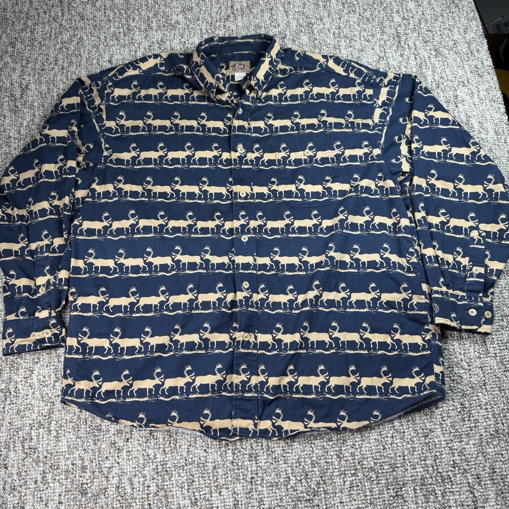 Barn Fly Shirt Mens Large Long Sleeve Button Down Elk Print Blue Western USA